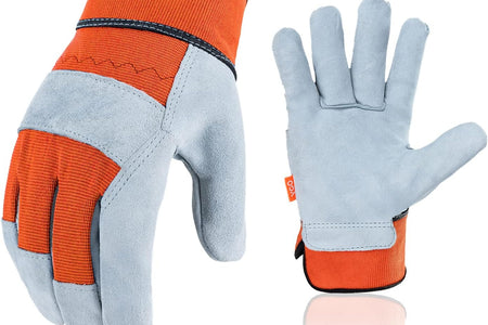 Vgo 1-Pair Safety Leather Work Gloves Men, Gardening Gloves, Rigger Gloves, Builder Gloves (Size L, Orange, CB3501)