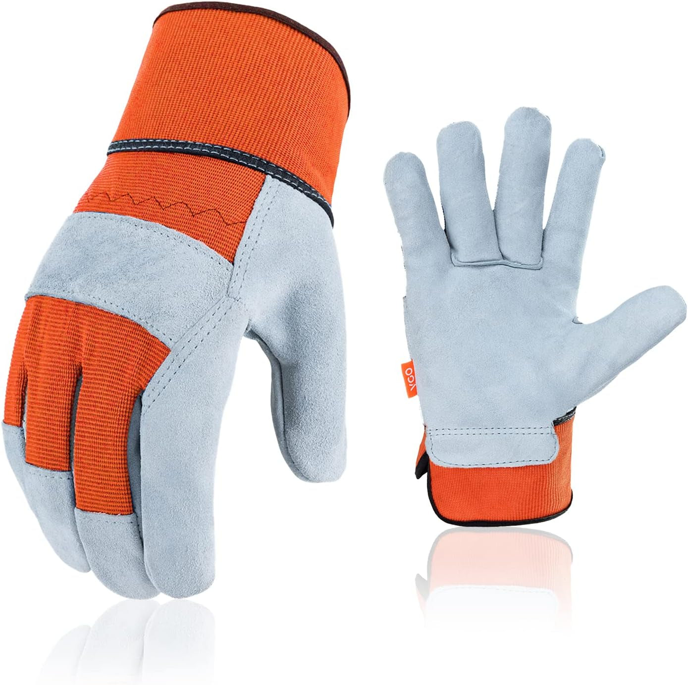 Vgo 1-Pair Safety Leather Work Gloves Men, Gardening Gloves, Rigger Gloves, Builder Gloves (Size L, Orange, CB3501)