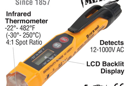 NCVT-4IR Non-Contact Volt Tester, 12 - 1000V AC Pen with IR Thermometer -22 to 482 Deg F, LED and Audible Alarms, Pocket Clip