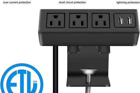 3 Outlet Desk Clamp Power Strip with USB Ports, Desktop Power Strip Surge Protector 1200J. Table Mount Charging Power Station, on Edge Power Outlet 125V 12A 1500W.