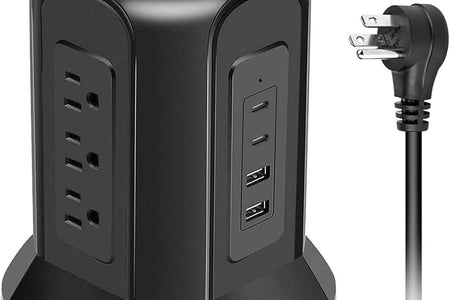 Power Strip Tower Surge Protector  10Ft Flat Plug Desktop Charging Station 9 AC Outlets 4 USB Ports, 900 Joules, Long Extension Cord for Home Office Appliances Smartphones Computer Tablets(Black)
