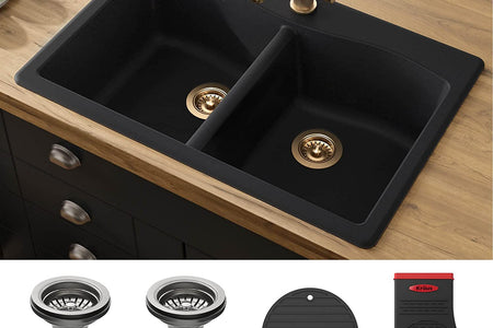 Forteza 33-Inch Drop In/Undermount 50/50 Double Bowl Granite Kitchen Sink in Black, KGD-52BLACK