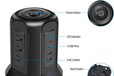 Power Strip Tower Surge Protector  10Ft Flat Plug Desktop Charging Station 9 AC Outlets 4 USB Ports, 900 Joules, Long Extension Cord for Home Office Appliances Smartphones Computer Tablets(Black)