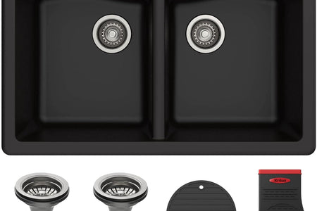Forteza 33-Inch Drop In/Undermount 50/50 Double Bowl Granite Kitchen Sink in Black, KGD-52BLACK