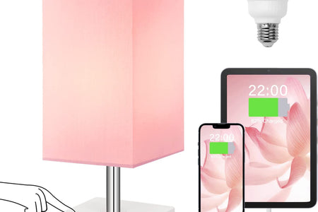 Touch Control Table Lamp with USB A+C Charging Ports, 3 Way Touch Lamps beside Desk, Nightstand Lamp for Bedrooms Living Room, Pink Shade with White Base, LED Bulb Included(Pink)