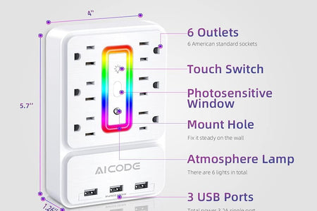 Multi Plug Outlet Extender, 6 Outlet Surge Outlet Protector with 3 USB Charger(3.2A Total),Wall Outlet Plug Electrical Outlet with 6 Ambient RGB Light , Plug Extender for Home,Office,Dorm,Hotel